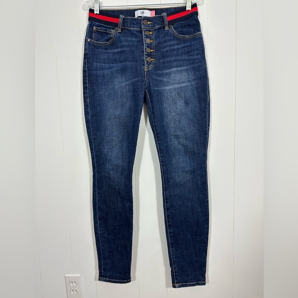 Cabi Dark Wash Mid Rise Button Fly Stretch Skinny Jeans Size 6 Elastic Waist - Picture 1 of 12